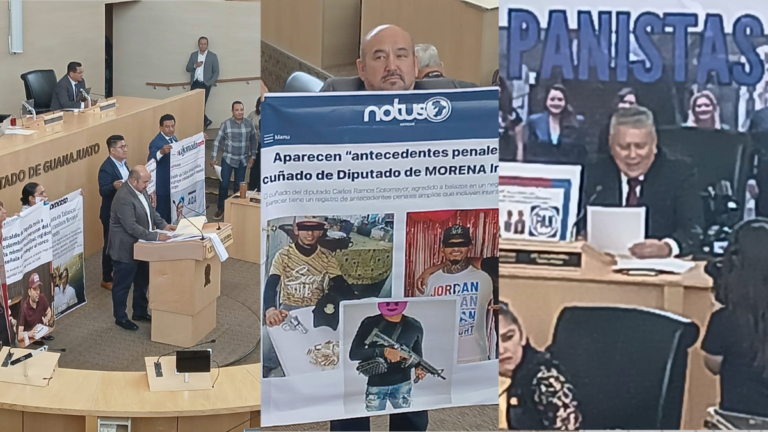 Congreso de Guanajuato: PAN y Morena chocan por lonas y nexos criminales